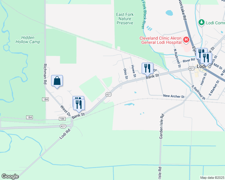 map of restaurants, bars, coffee shops, grocery stores, and more near 730 Ohio 421 in Lodi