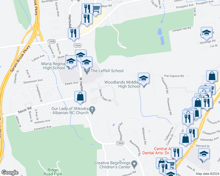 map of restaurants, bars, coffee shops, grocery stores, and more near 160 Stone Oaks Drive in Hartsdale