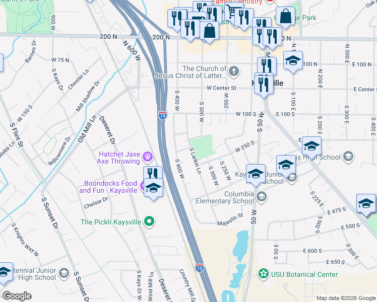 map of restaurants, bars, coffee shops, grocery stores, and more near 214 South Larkin Lane in Kaysville