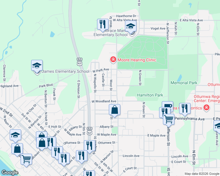 map of restaurants, bars, coffee shops, grocery stores, and more near 211-219 West Highland Avenue in Ottumwa