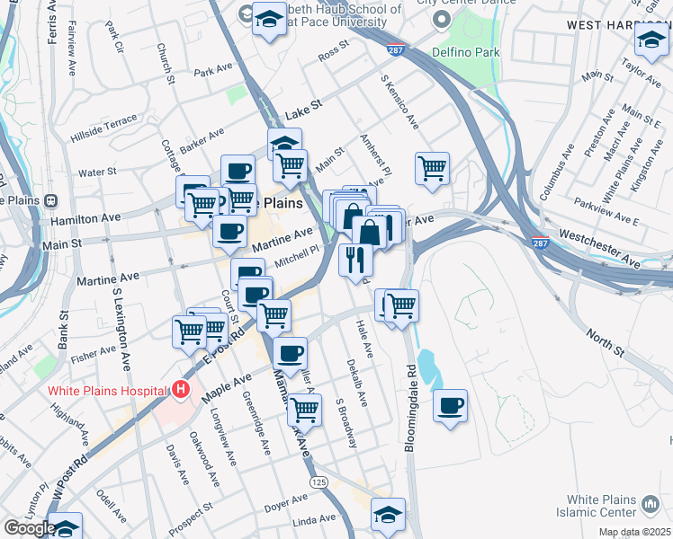 map of restaurants, bars, coffee shops, grocery stores, and more near 44 South Broadway in White Plains