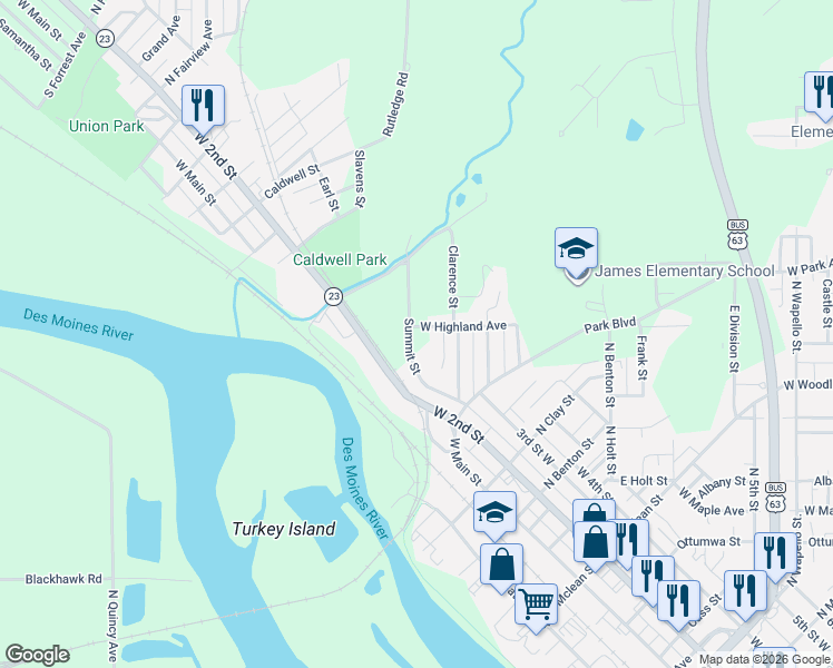 map of restaurants, bars, coffee shops, grocery stores, and more near 334 Summitt Street in Ottumwa