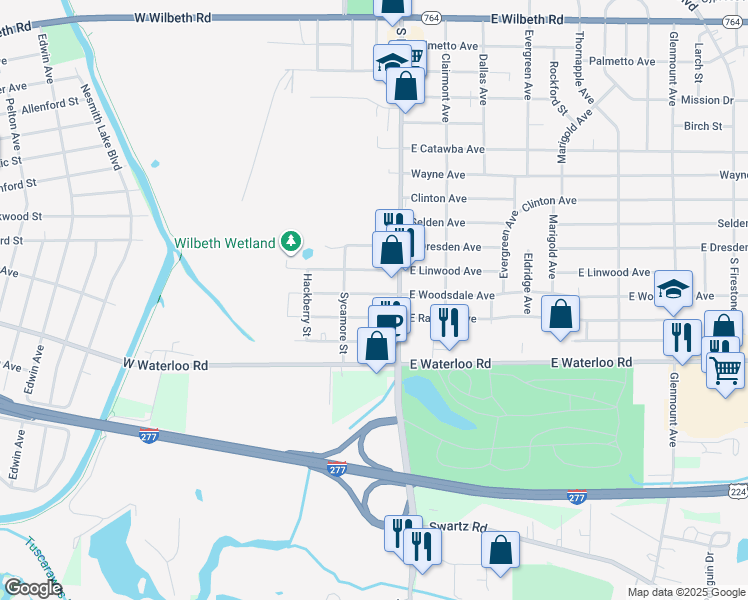 map of restaurants, bars, coffee shops, grocery stores, and more near 30 West Woodsdale Avenue in Akron