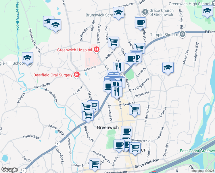 map of restaurants, bars, coffee shops, grocery stores, and more near Two Lafayette Court in Greenwich