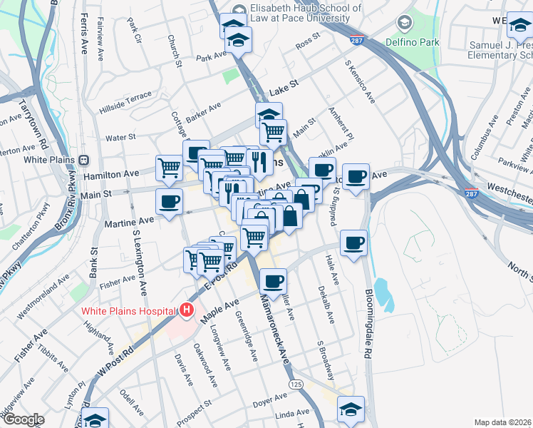 map of restaurants, bars, coffee shops, grocery stores, and more near 33 Mitchell Place in White Plains