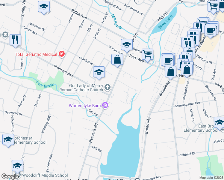 map of restaurants, bars, coffee shops, grocery stores, and more near Pascack Road in Park Ridge