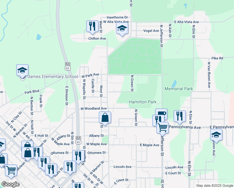 map of restaurants, bars, coffee shops, grocery stores, and more near 124 East Highland Avenue in Ottumwa