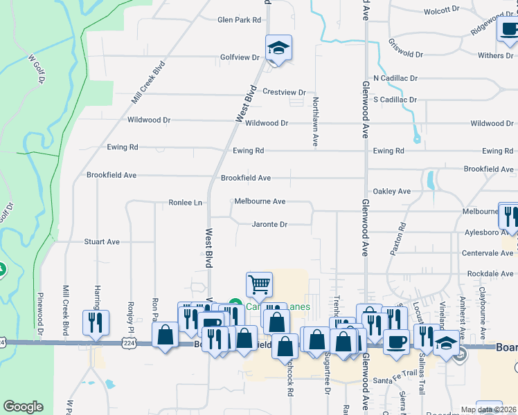 map of restaurants, bars, coffee shops, grocery stores, and more near 433 Melbourne Avenue in Youngstown
