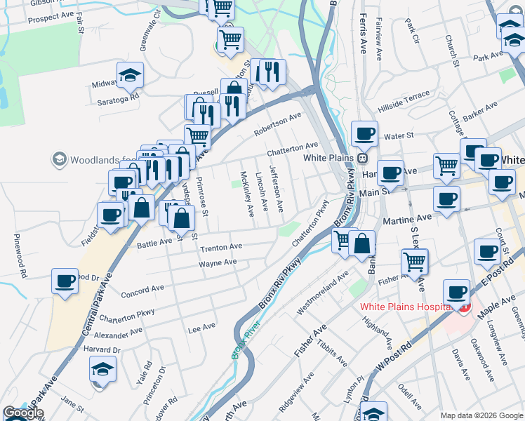 map of restaurants, bars, coffee shops, grocery stores, and more near 65 McKinley Avenue in White Plains