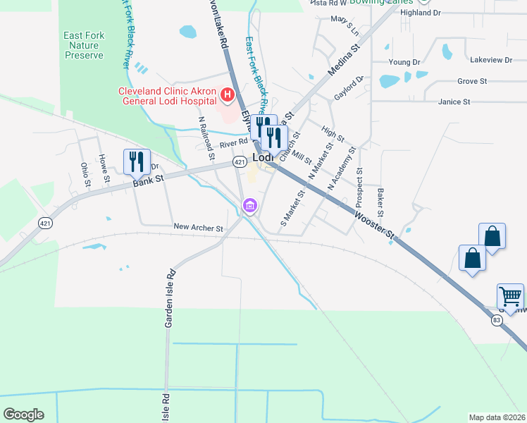 map of restaurants, bars, coffee shops, grocery stores, and more near 2 Harris Street in Lodi