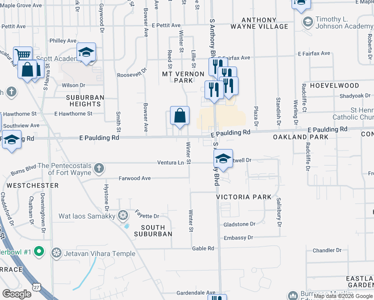 map of restaurants, bars, coffee shops, grocery stores, and more near 5821 Winter Street in Fort Wayne