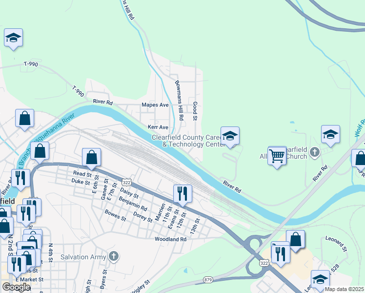 map of restaurants, bars, coffee shops, grocery stores, and more near 1442 River Road in Clearfield