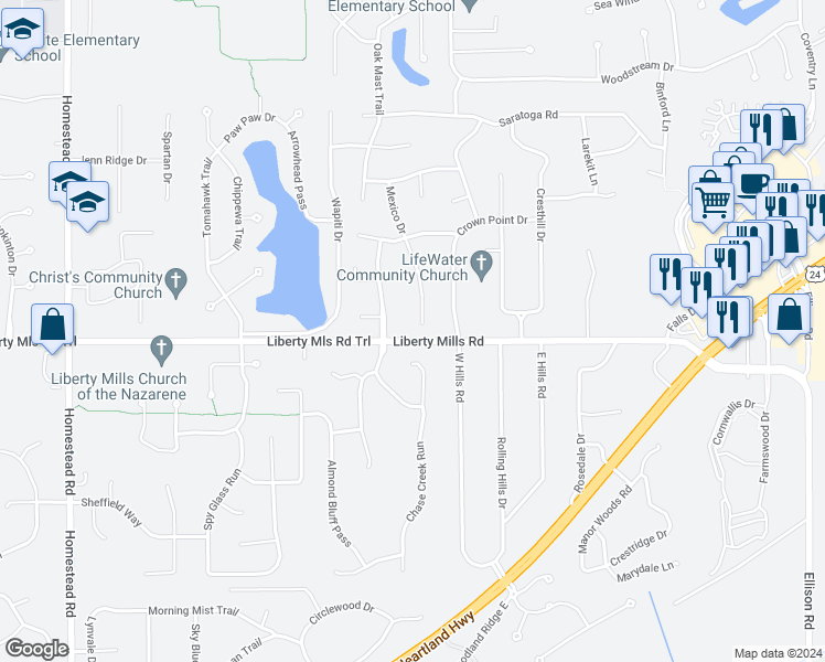 map of restaurants, bars, coffee shops, grocery stores, and more near 5736 Mexico Drive in Fort Wayne