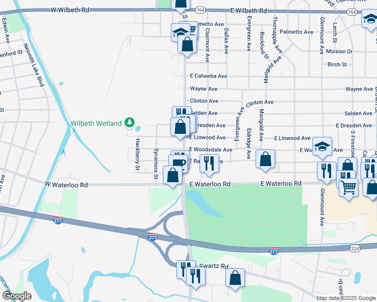 map of restaurants, bars, coffee shops, grocery stores, and more near 4 East Woodsdale Avenue in Akron