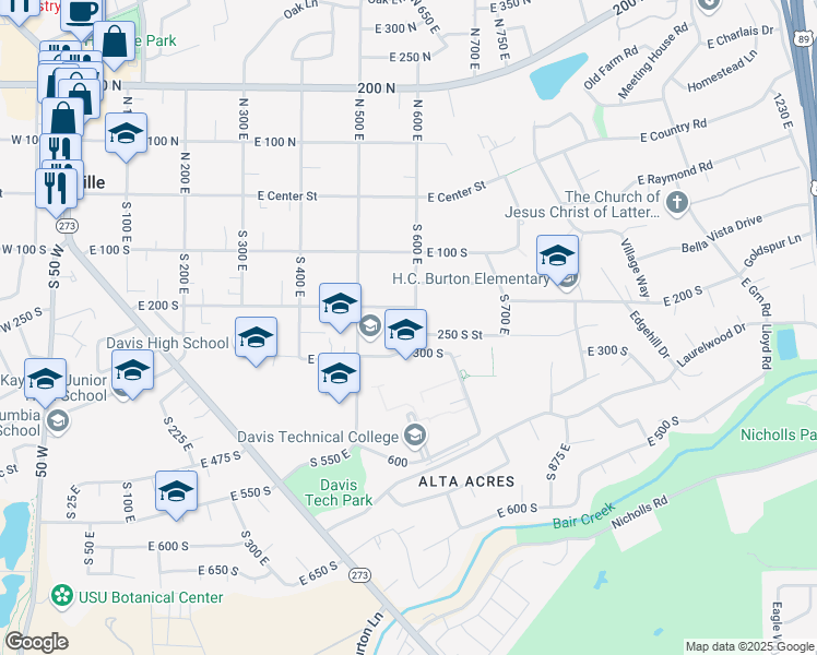 map of restaurants, bars, coffee shops, grocery stores, and more near 232 South 600 East in Kaysville