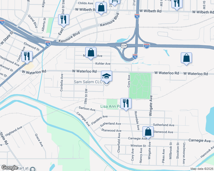 map of restaurants, bars, coffee shops, grocery stores, and more near 1222 West Waterloo Road in Akron