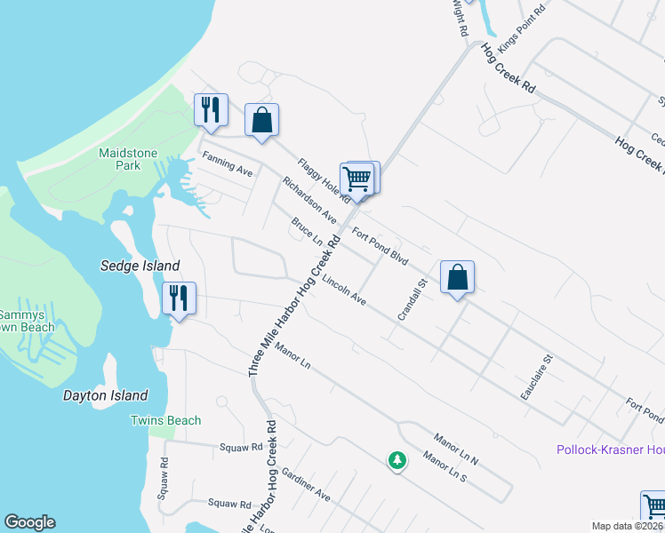 map of restaurants, bars, coffee shops, grocery stores, and more near 490 Three Mile Harbor Hog Creek Road in East Hampton