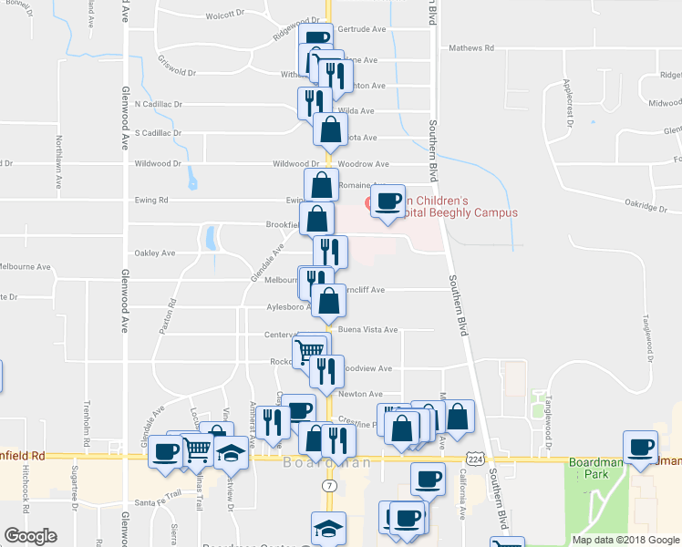 map of restaurants, bars, coffee shops, grocery stores, and more near 6607 Market Street in Youngstown