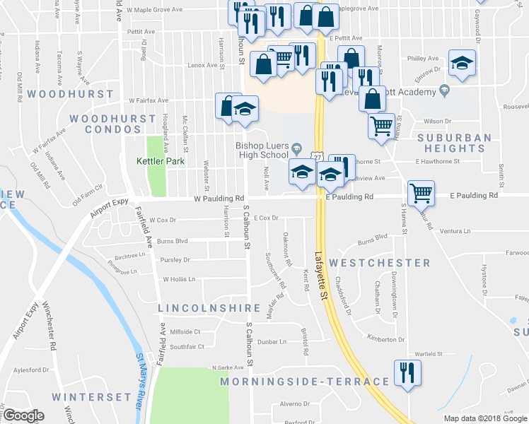 map of restaurants, bars, coffee shops, grocery stores, and more near 119 East Cox Drive in Fort Wayne