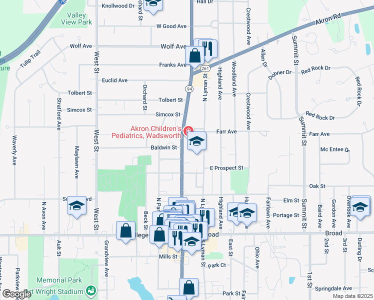 map of restaurants, bars, coffee shops, grocery stores, and more near 297 High Street in Wadsworth