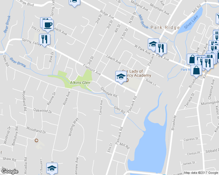 map of restaurants, bars, coffee shops, grocery stores, and more near 11 Leach Lane in Park Ridge