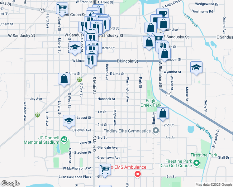 map of restaurants, bars, coffee shops, grocery stores, and more near 865 Maple Avenue in Findlay