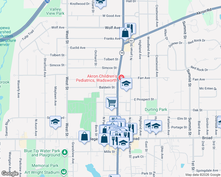 map of restaurants, bars, coffee shops, grocery stores, and more near 125 Baldwin Street in Wadsworth