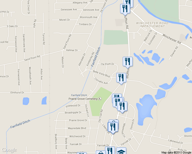 map of restaurants, bars, coffee shops, grocery stores, and more near 2728 Corvalis Avenue in Fort Wayne