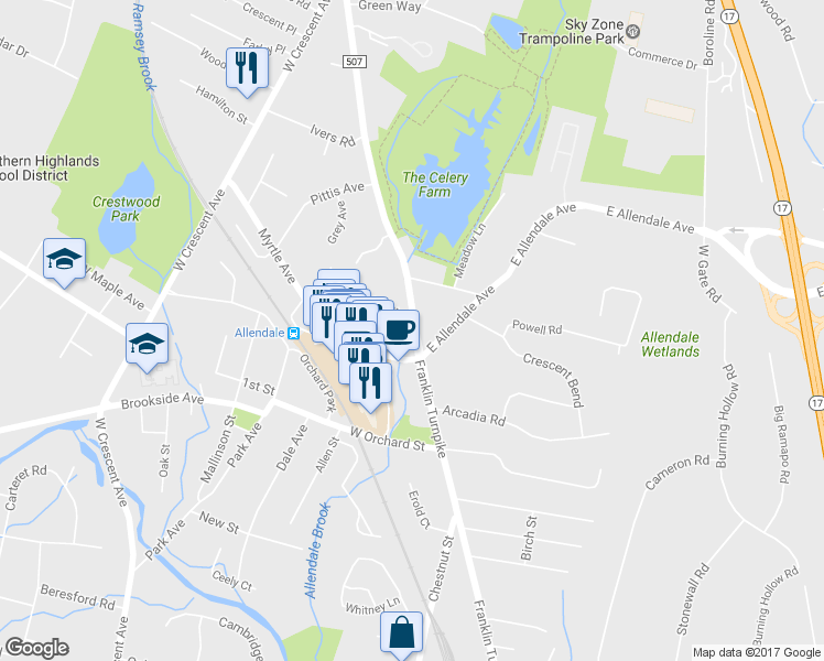 map of restaurants, bars, coffee shops, grocery stores, and more near 385 Franklin Turnpike in Allendale