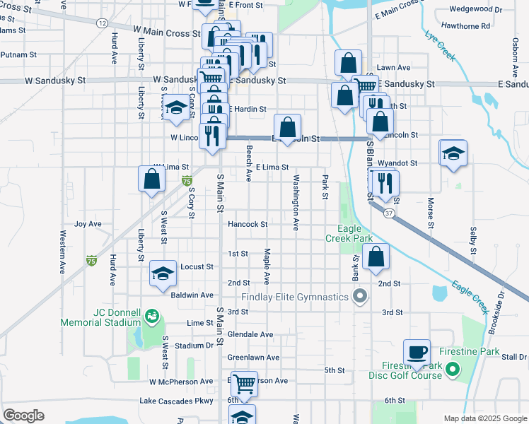 map of restaurants, bars, coffee shops, grocery stores, and more near 858 Maple Ave in Findlay