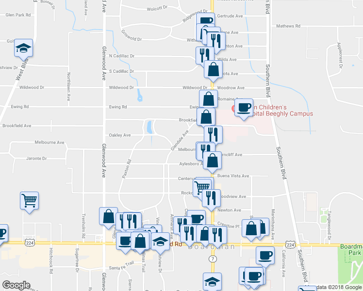 map of restaurants, bars, coffee shops, grocery stores, and more near 6627 Glendale Avenue in Youngstown