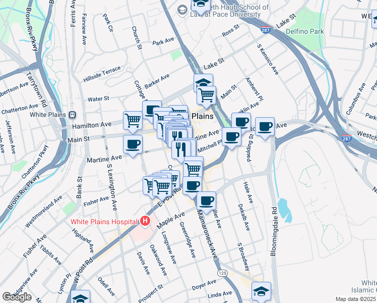 map of restaurants, bars, coffee shops, grocery stores, and more near 10 Mitchell Place in White Plains