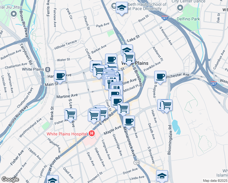 map of restaurants, bars, coffee shops, grocery stores, and more near 47 Mamaroneck Avenue in White Plains