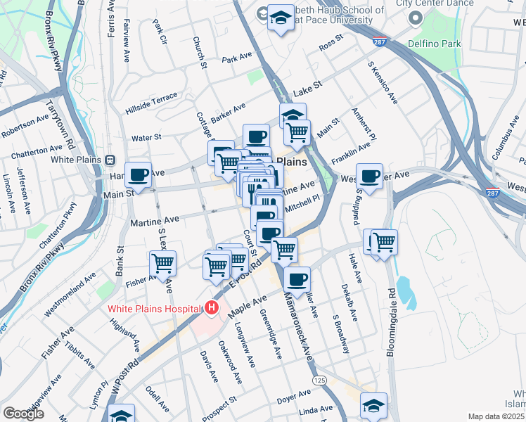 map of restaurants, bars, coffee shops, grocery stores, and more near 47 Mamaroneck Avenue in White Plains
