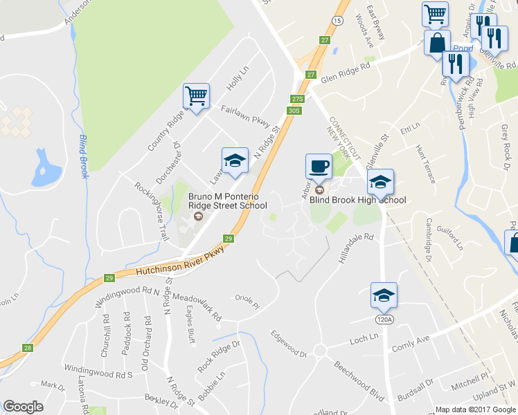 map of restaurants, bars, coffee shops, grocery stores, and more near 128 Brush Hollow Crescent in Rye Brook