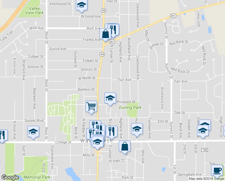 map of restaurants, bars, coffee shops, grocery stores, and more near 297 North Lyman Street in Wadsworth