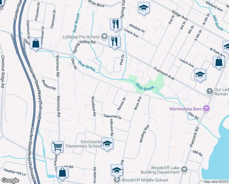 map of restaurants, bars, coffee shops, grocery stores, and more near 8 Bearbrook Drive in Woodcliff Lake