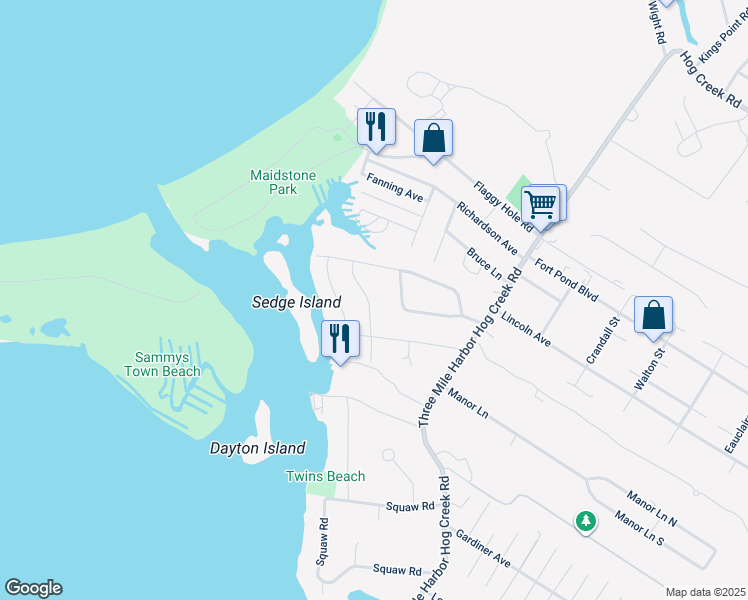 map of restaurants, bars, coffee shops, grocery stores, and more near 14 Roosevelt Avenue in East Hampton
