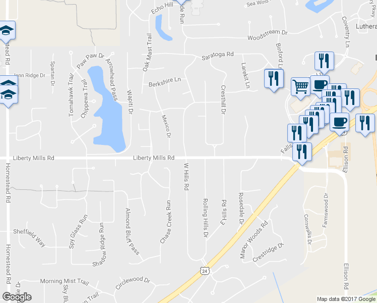 map of restaurants, bars, coffee shops, grocery stores, and more near 5727 West Hills Road in Fort Wayne