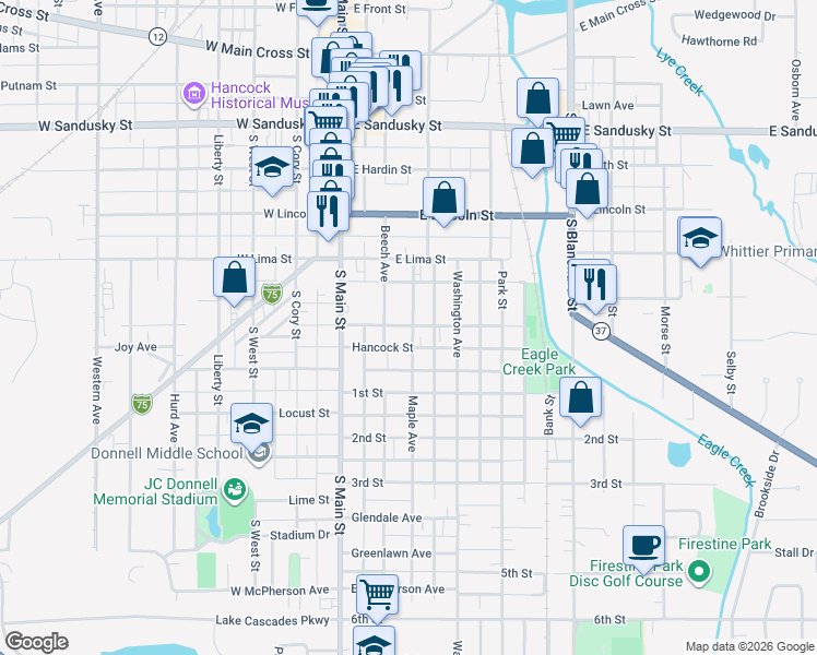 map of restaurants, bars, coffee shops, grocery stores, and more near 858 Maple Avenue in Findlay