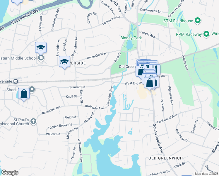 map of restaurants, bars, coffee shops, grocery stores, and more near 353 Riverside Avenue in Greenwich