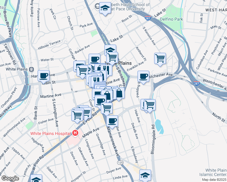 map of restaurants, bars, coffee shops, grocery stores, and more near 39 Mitchell Place in White Plains