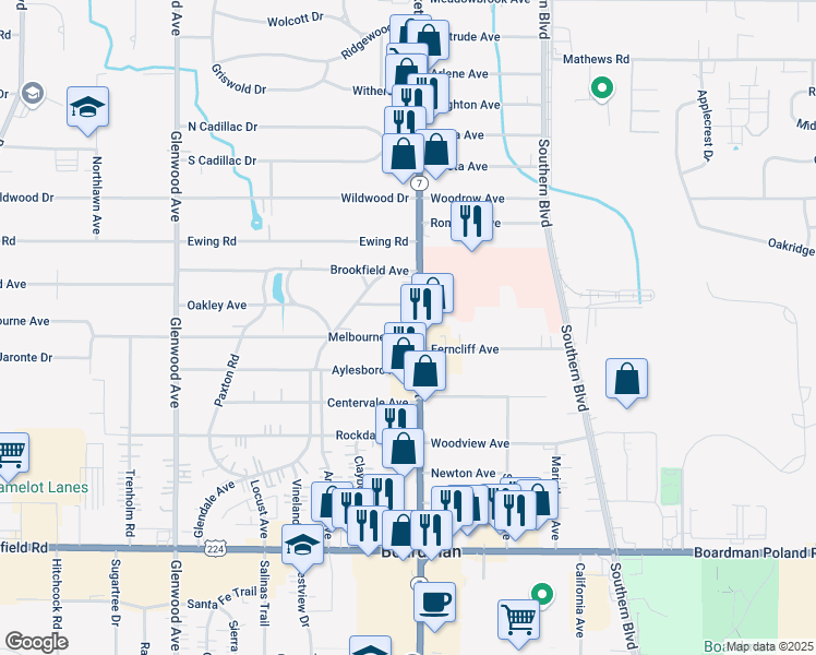 map of restaurants, bars, coffee shops, grocery stores, and more near 6607 Market Street in Youngstown