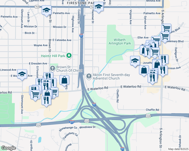 map of restaurants, bars, coffee shops, grocery stores, and more near 680 Lurie Avenue in Akron