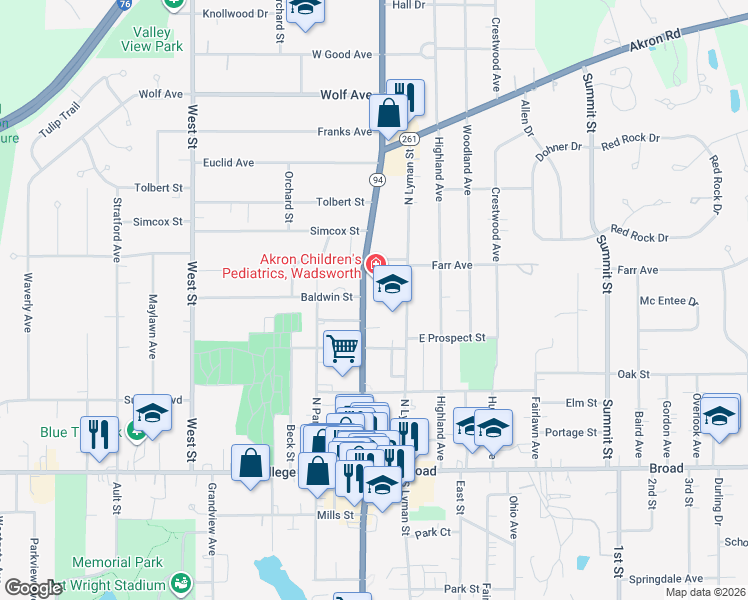 map of restaurants, bars, coffee shops, grocery stores, and more near 303 High Street in Wadsworth