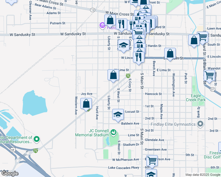 map of restaurants, bars, coffee shops, grocery stores, and more near 326 Lima Avenue in Findlay