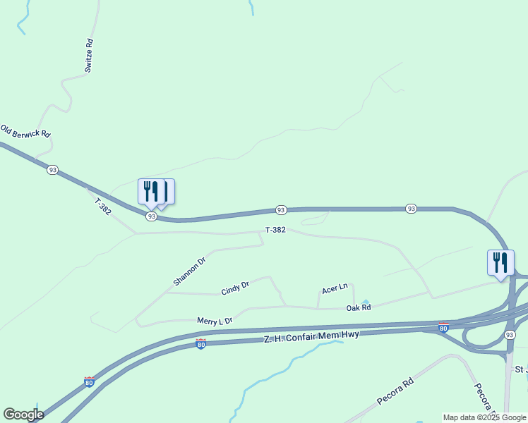 map of restaurants, bars, coffee shops, grocery stores, and more near Pennsylvania 93 in Drums