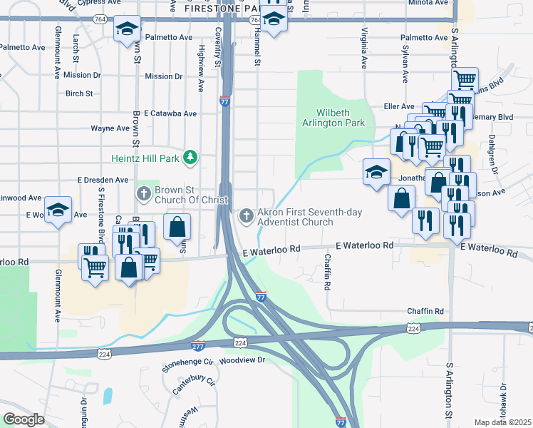 map of restaurants, bars, coffee shops, grocery stores, and more near 680 Lurie Ave in Akron