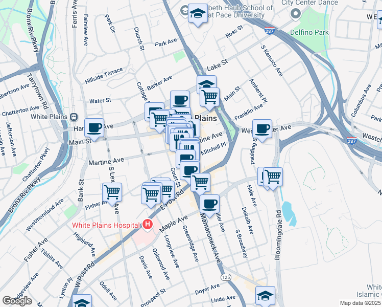 map of restaurants, bars, coffee shops, grocery stores, and more near 10 Mitchell Place in White Plains