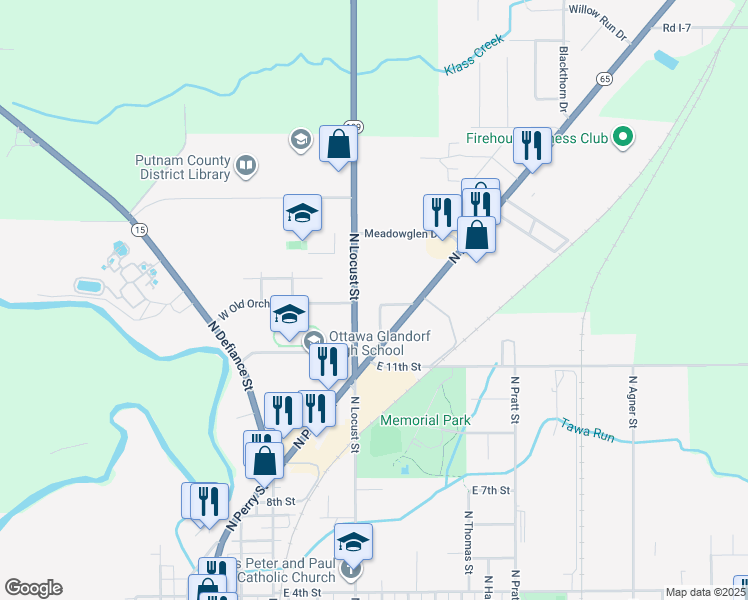 map of restaurants, bars, coffee shops, grocery stores, and more near 1120 North Locust Street in Ottawa